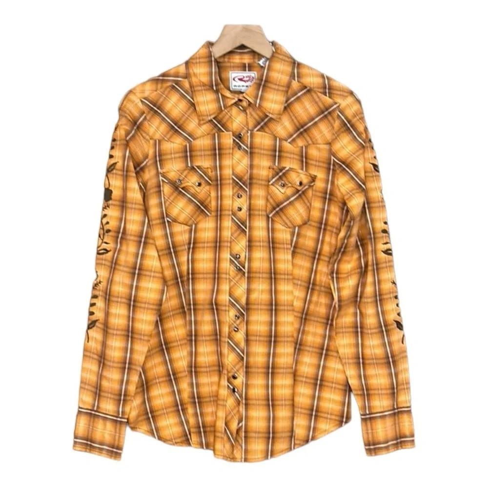 Roper Women’s Plaid Pearl Snap Embroidered Western Cut Long Sleeve Shirt Medium